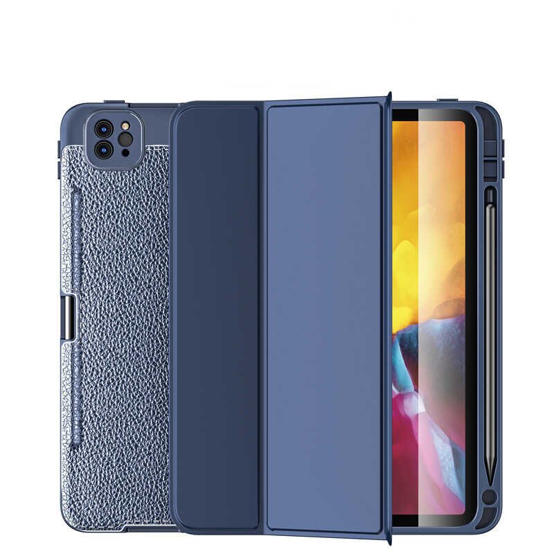 Apple Ipad Pro 12.9 5. Nesil 6. Nesil Kılıf Pu Deri Kalem Bölmeli Standlı 2021 - 2022 (WLONS) Lacivert