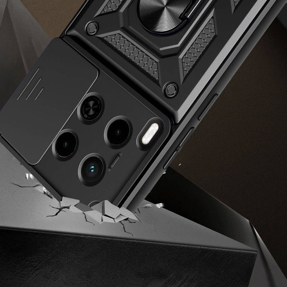 Tecno Camon 30 Kılıf Sürgülü Tank Zırh Yüzüklü Mıknatıslı Standlı Kapak (S-VEGA) Siyah