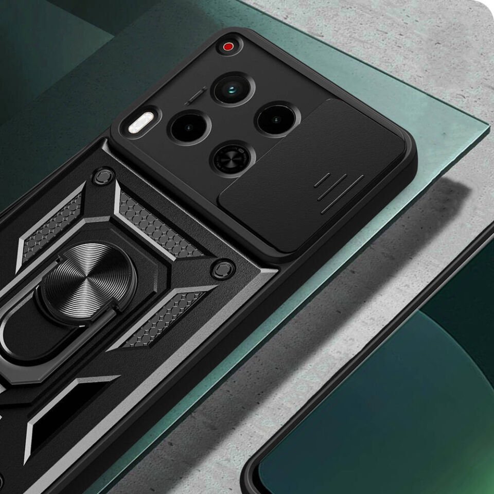 Tecno Camon 30 Kılıf Sürgülü Tank Zırh Yüzüklü Mıknatıslı Standlı Kapak (S-VEGA) Siyah