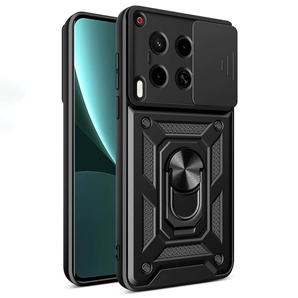 Tecno Camon 30 Kılıf Sürgülü Tank Zırh Yüzüklü Mıknatıslı Standlı Kapak (S-VEGA) Siyah