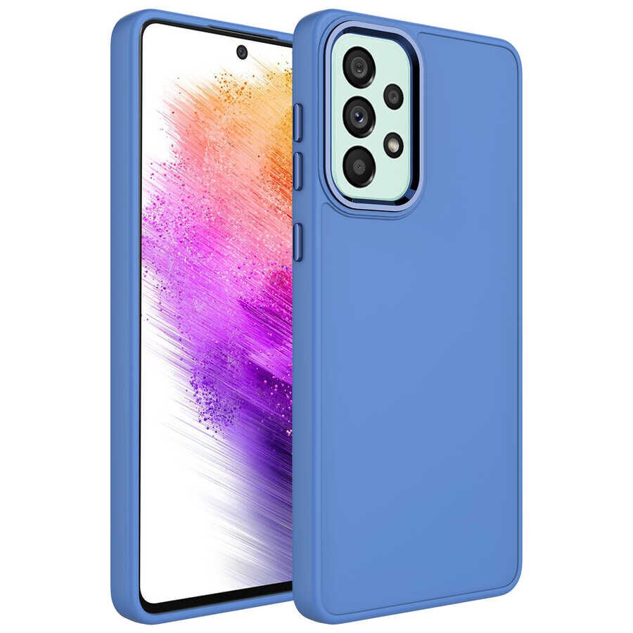 Samsung Galaxy A33 5G Kılıf Metal Çerçeveli Hassas Butonlu Renkli İçi Kadife Lansman Kapak (LUNA) Sierra Mavi