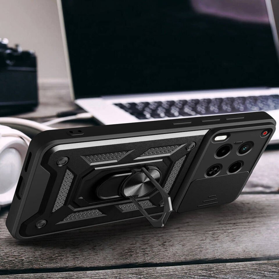 Tecno Camon 30 Kılıf Sürgülü Tank Zırh Yüzüklü Mıknatıslı Standlı Kapak (S-VEGA) Mavi