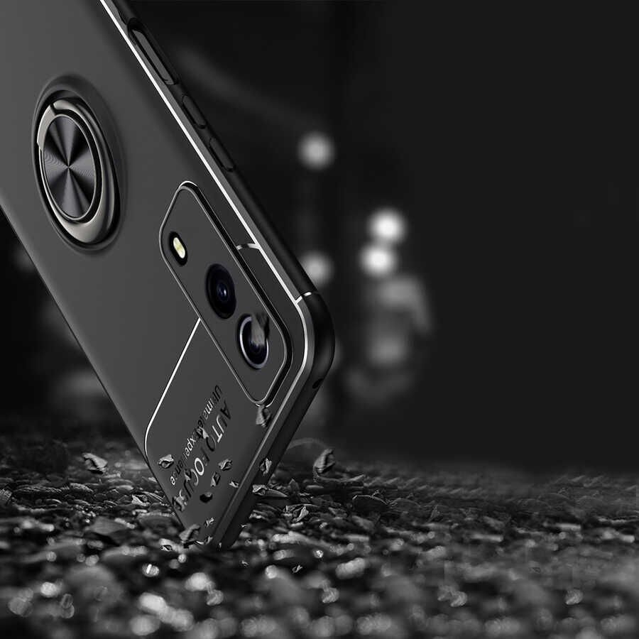 Vivo Y53S 4G Kılıf Kamera Çıkıntılı Renkli Yüzüklü Standlı Mıknatıslı Kapak (RAVEL) Siyah-Kırmızı
