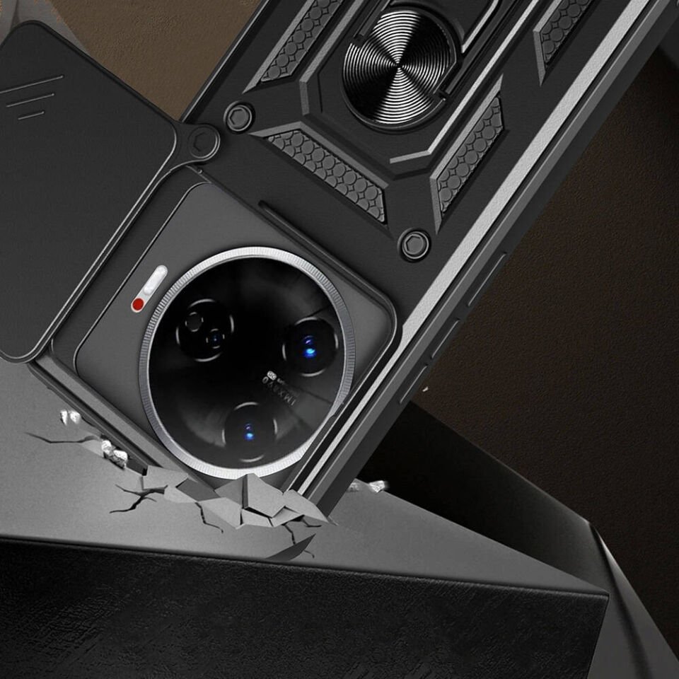 Tecno Camon 30 Pro 5G Kılıf Sürgülü Tank Zırh Yüzüklü Mıknatıslı Standlı Kapak (S-VEGA) Siyah