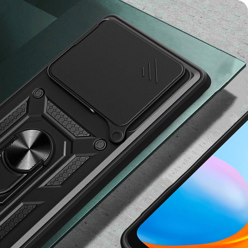 Tecno Camon 30 Pro 5G Kılıf Sürgülü Tank Zırh Yüzüklü Mıknatıslı Standlı Kapak (S-VEGA) Siyah