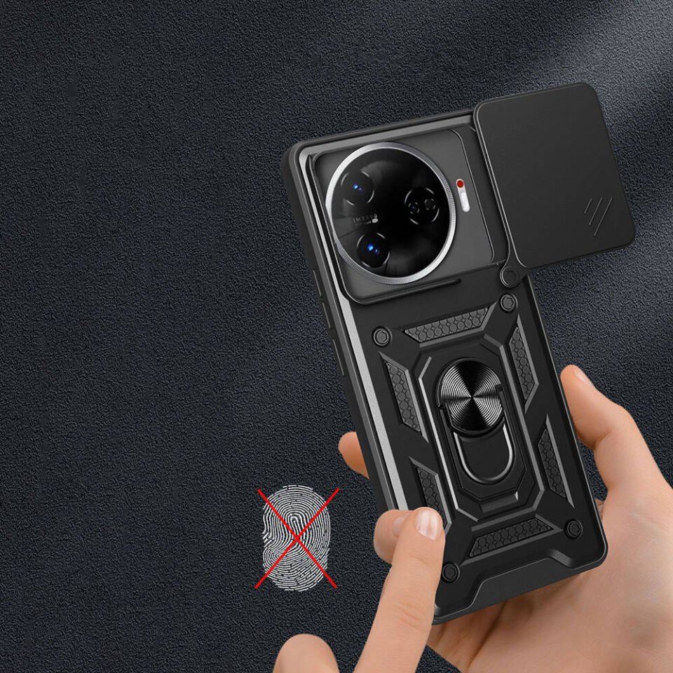 Tecno Camon 30 Pro 5G Kılıf Sürgülü Tank Zırh Yüzüklü Mıknatıslı Standlı Kapak (S-VEGA) Siyah