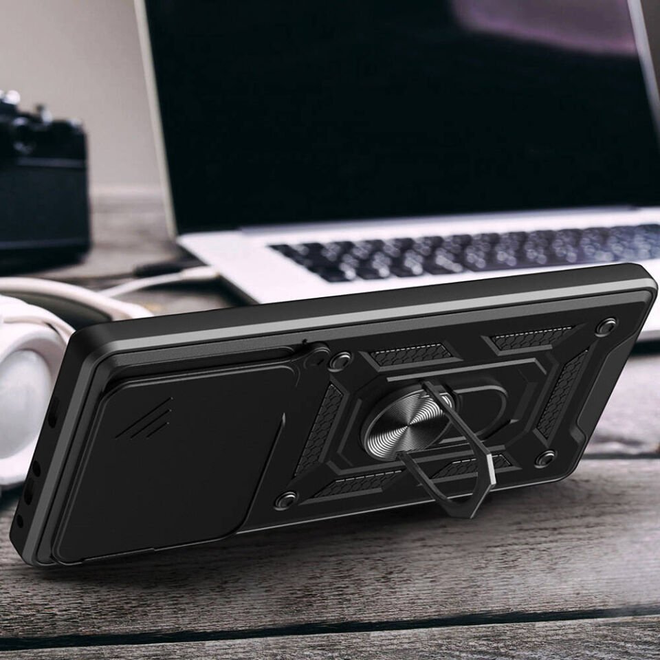 Tecno Camon 30 Pro 5G Kılıf Sürgülü Tank Zırh Yüzüklü Mıknatıslı Standlı Kapak (S-VEGA) Siyah