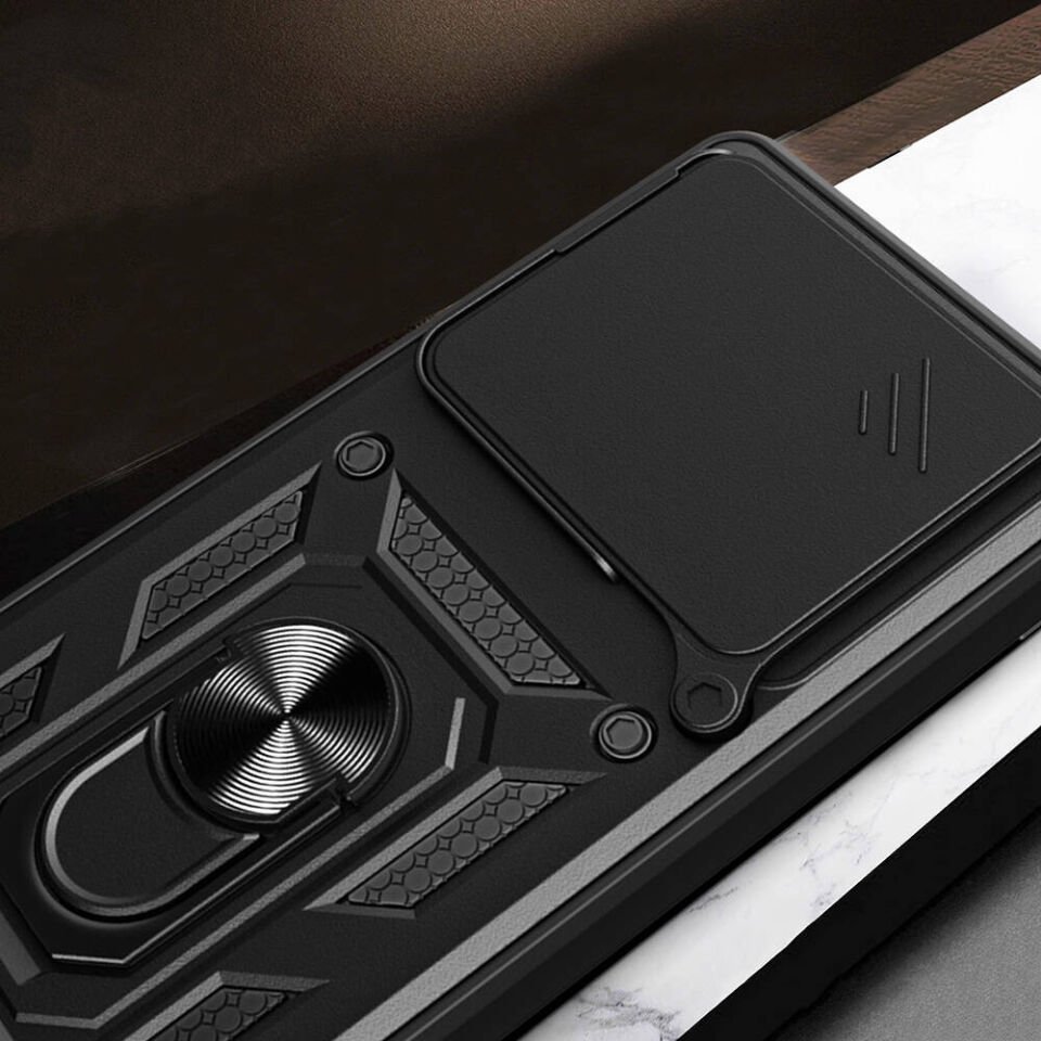 Tecno Camon 30 Pro 5G Kılıf Sürgülü Tank Zırh Yüzüklü Mıknatıslı Standlı Kapak (S-VEGA) Siyah