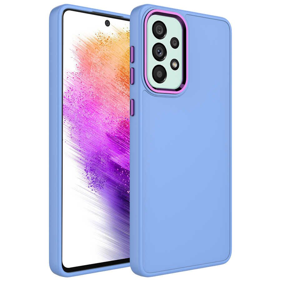 Samsung Galaxy A53 5G Kılıf Metal Çerçeveli Hassas Butonlu Renkli İçi Kadife Lansman Kapak (LUNA) Lila