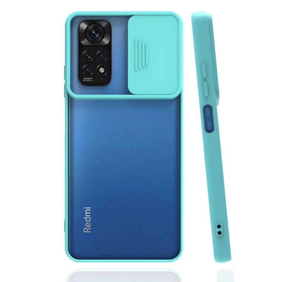 Xiaomi Redmi Note 11S Global Kılıf Slayt Sürgülü Kamera Korumalı Renkli Silikon Kapak Turkuaz