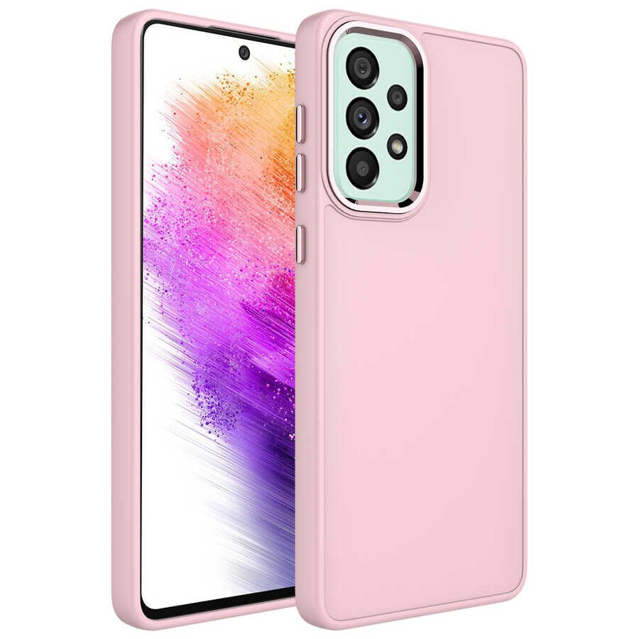 Samsung Galaxy A53 5G Kılıf Metal Çerçeveli Hassas Butonlu Renkli İçi Kadife Lansman Kapak (LUNA) Pembe