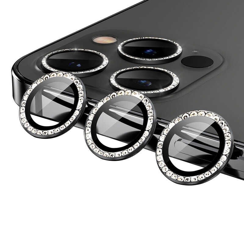 Apple iPhone 13 Pro Max Kamera Lens Koruyucu Renkli Taşlı Tasarım Kolay Takma Aparatlı (CL-06) Siyah
