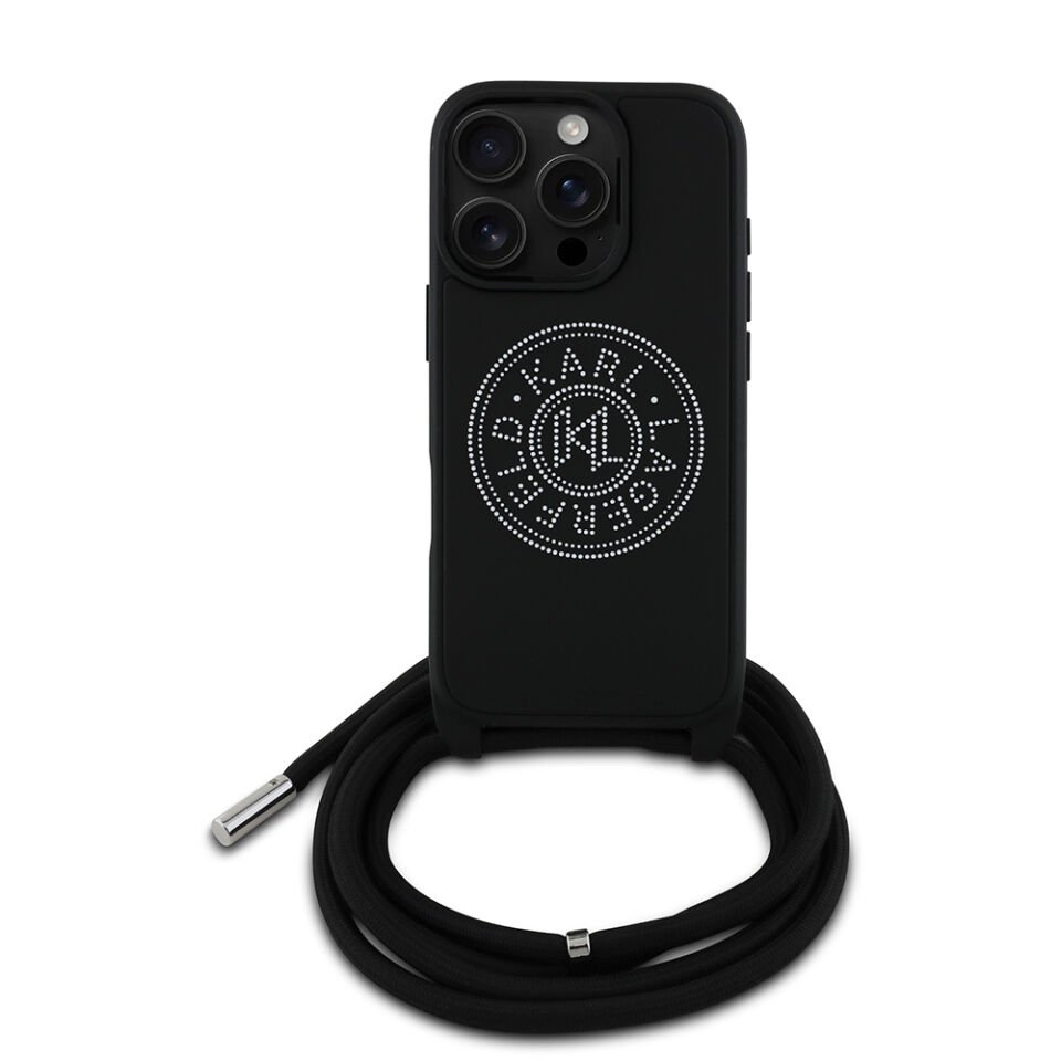 Apple iPhone 16 Pro Kılıf Karl Lagerfeld Orjinal Lisanslı Askı İpli Taşlı KL Yazılı Crossbody Cord Kapak