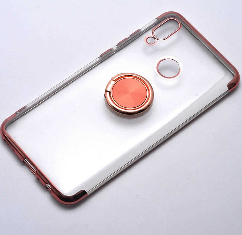 Huawei P Smart 2019 Kılıf Yüzüklü Standlı Silikon Köşeleri Renkli Kapak (GES) Rose Gold