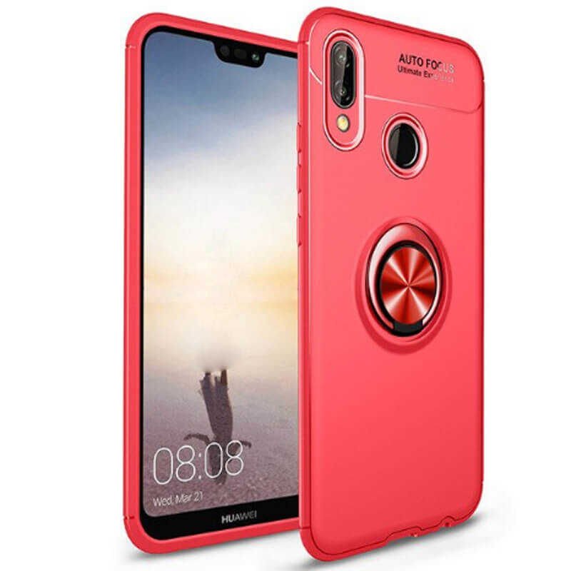 Huawei P Smart 2019 Kılıf Kamera Çıkıntılı Renkli Yüzüklü Standlı Mıknatıslı Kapak (RAVEL) Kırmızı