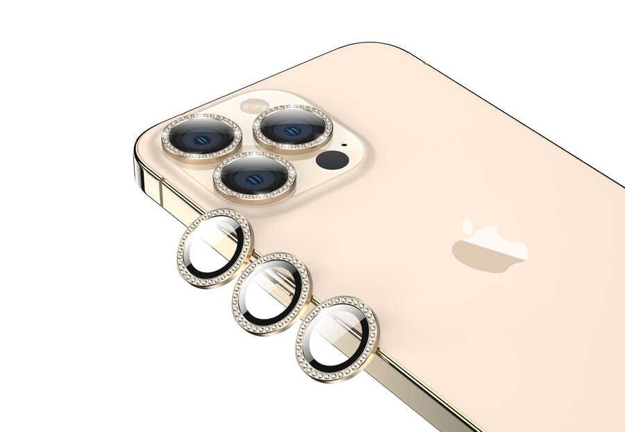 Apple iPhone 13 Pro Max Kamera Lens Koruyucu Renkli Taşlı Tasarım Kolay Takma Aparatlı (CL-06) Gold