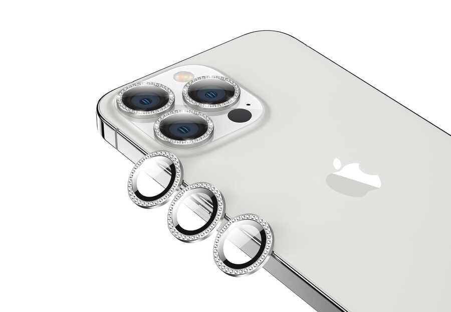 Apple iPhone 13 Pro Max Kamera Lens Koruyucu Renkli Taşlı Tasarım Kolay Takma Aparatlı (CL-06) Gümüş
