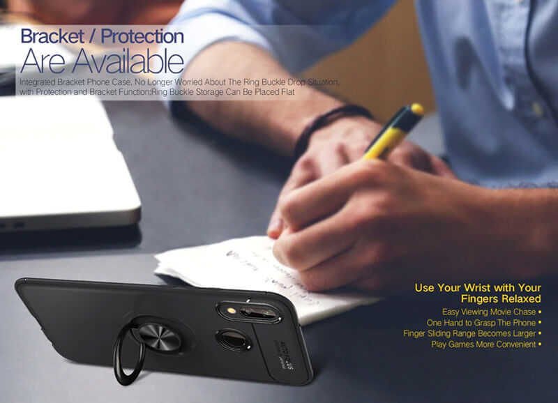 Huawei P Smart 2019 Kılıf Kamera Çıkıntılı Renkli Yüzüklü Standlı Mıknatıslı Kapak (RAVEL) Siyah-Mavi