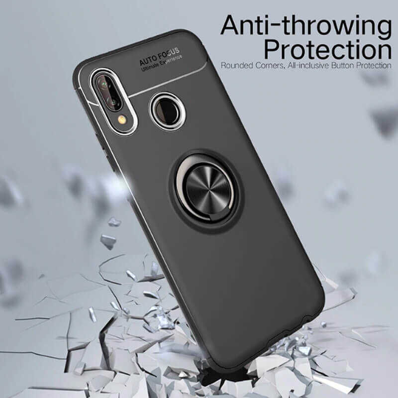 Huawei P Smart 2019 Kılıf Kamera Çıkıntılı Renkli Yüzüklü Standlı Mıknatıslı Kapak (RAVEL) Siyah-Mavi