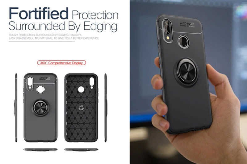 Huawei P Smart 2019 Kılıf Kamera Çıkıntılı Renkli Yüzüklü Standlı Mıknatıslı Kapak (RAVEL) Siyah-Mavi