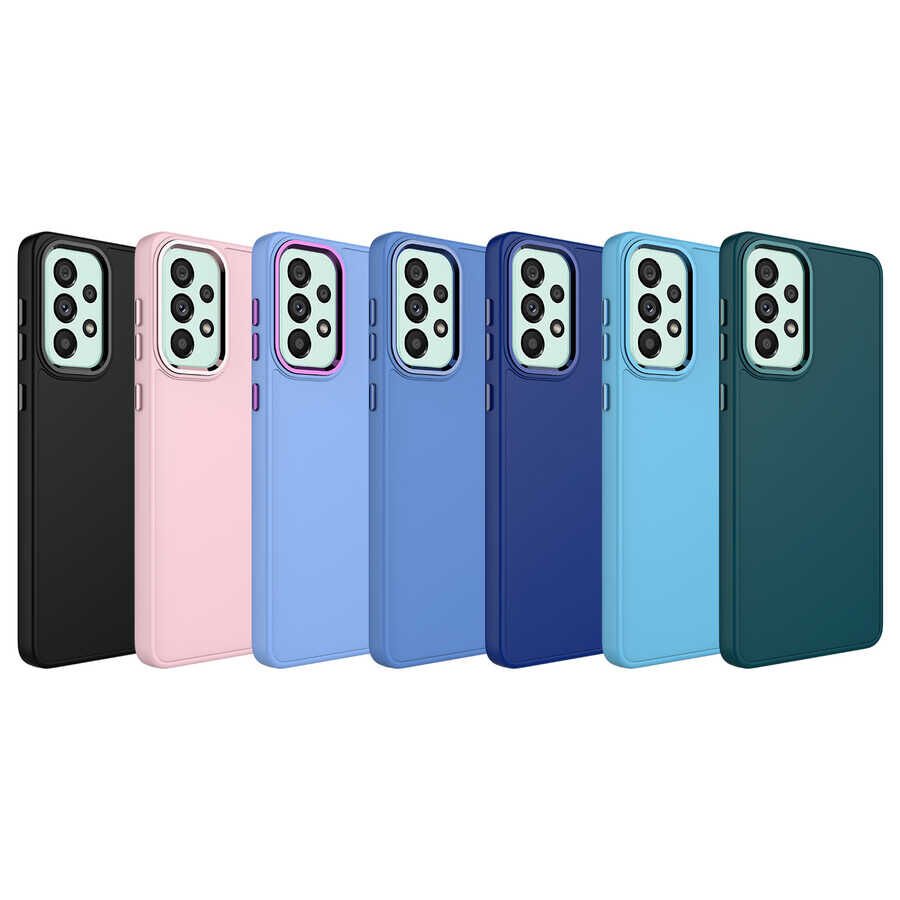 Samsung Galaxy A73 Kılıf Metal Çerçeveli Hassas Butonlu Renkli İçi Kadife Lansman Kapak (LUNA) Lavendery Gray