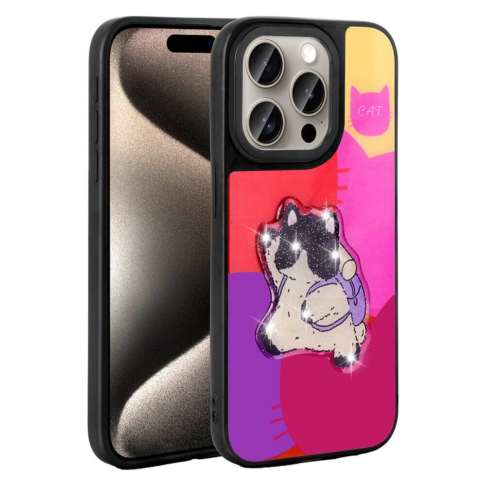 Apple  iPhone 15 Pro Max Kılıf Parlayan Kabartmalı İkonik Figürlü Silikon Kapak (Amas) Mor