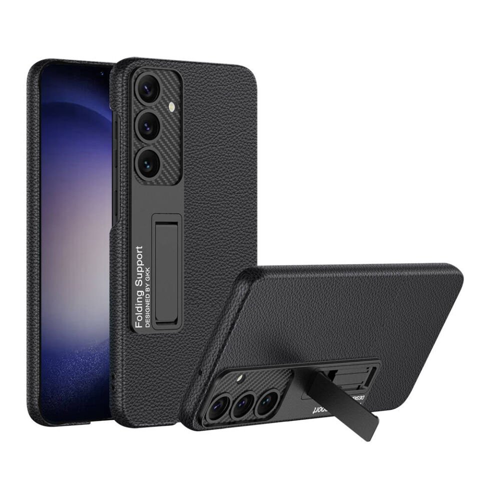 Samsung Galaxy S24 Plus Kılıf Standlı Karbon Fiber ve Suni Deri Görünümlü Şık Yüzey Kapak Siyah Karbon