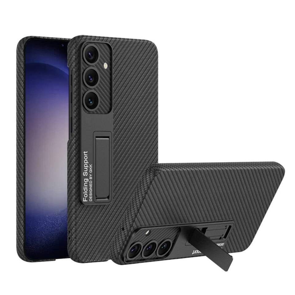 Samsung Galaxy S24 Plus Kılıf Standlı Karbon Fiber ve Suni Deri Görünümlü Şık Yüzey Kapak Siyah Karbon