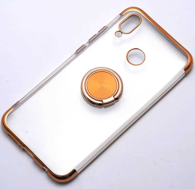 Huawei P20 Lite Kılıf Yüzüklü Standlı Silikon Köşeleri Renkli Kapak (GES) Gold