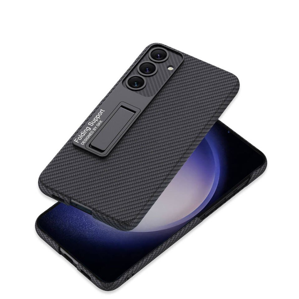 Samsung Galaxy S24 Plus Kılıf Standlı Karbon Fiber ve Suni Deri Görünümlü Şık Yüzey Kapak Mürdüm