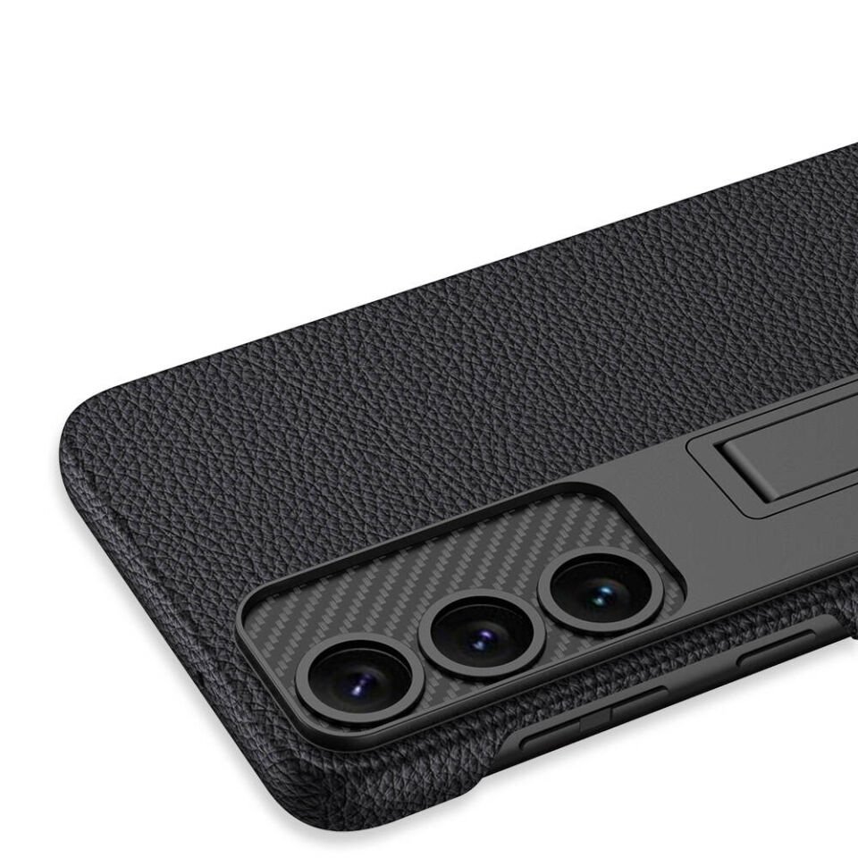 Samsung Galaxy S24 Plus Kılıf Standlı Karbon Fiber ve Suni Deri Görünümlü Şık Yüzey Kapak Mürdüm