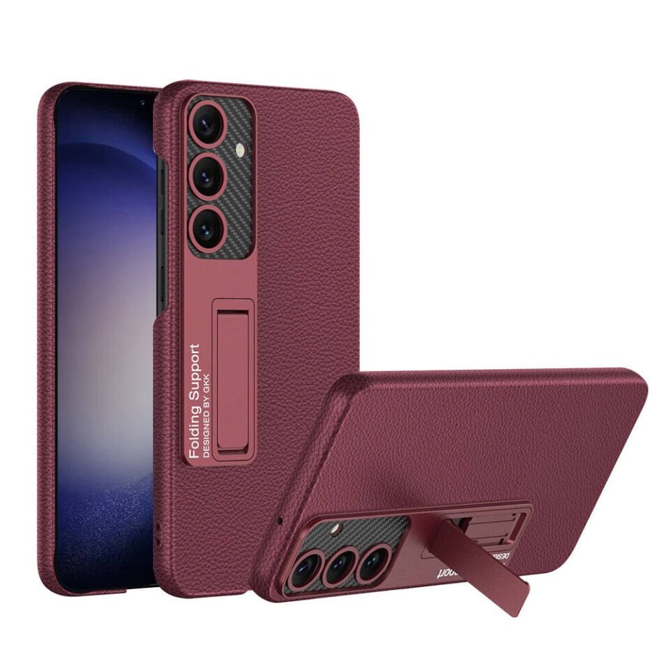Samsung Galaxy S24 Plus Kılıf Standlı Karbon Fiber ve Suni Deri Görünümlü Şık Yüzey Kapak Mürdüm