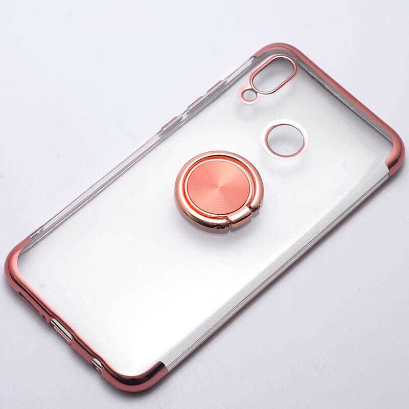 Huawei P20 Lite Kılıf Yüzüklü Standlı Silikon Köşeleri Renkli Kapak (GES) Rose Gold