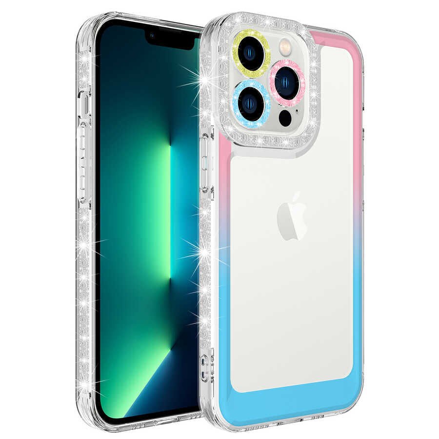 Apple  iPhone 13 Pro Max Kılıf Simli Renkli Parlak Kamera Lens Korumalı Transparan Kapak (Park) Beyaz-Pembe