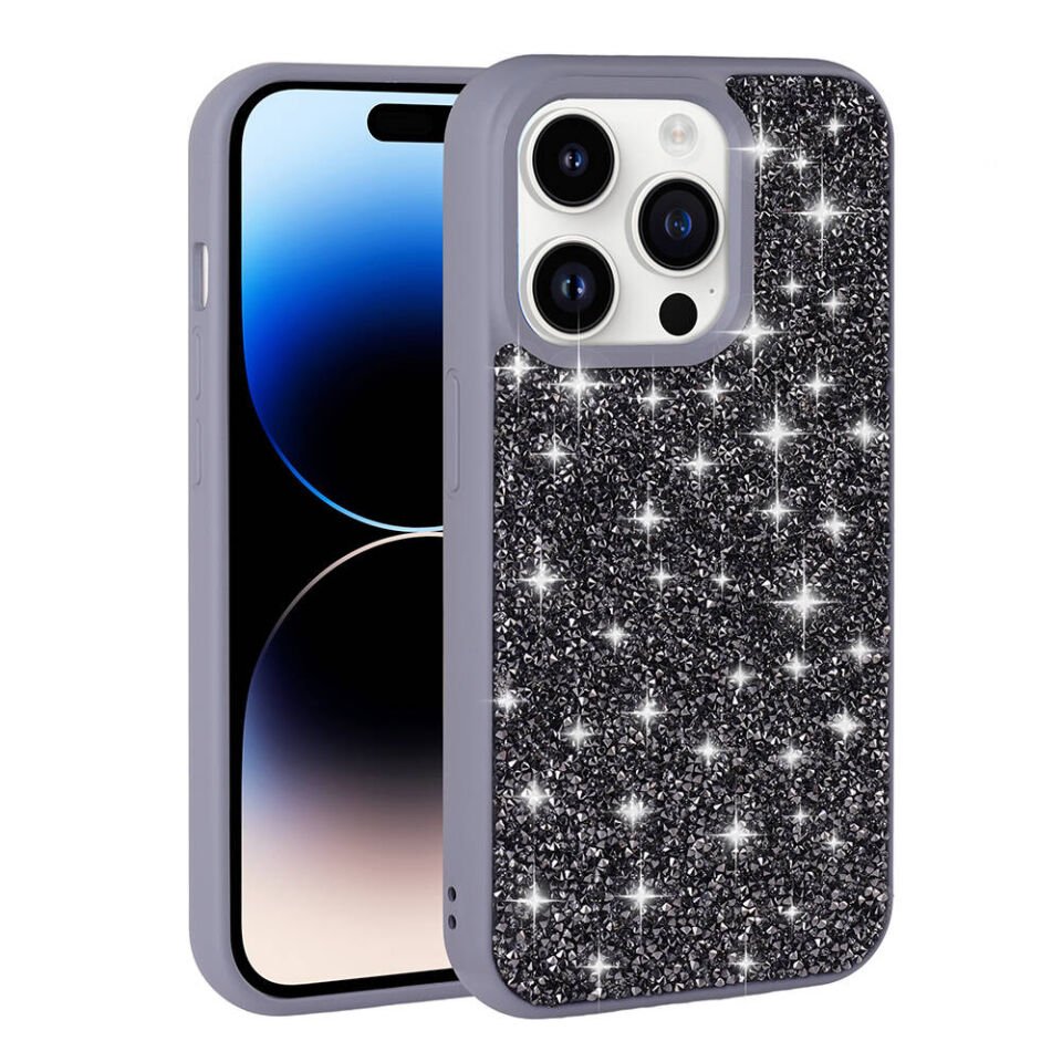 Apple  iPhone 14 Pro Kılıf Parlak Taşlı Tasarım Kamera Kısmı Yükseltili Korumalı Kapak (Pırlanta) Lila