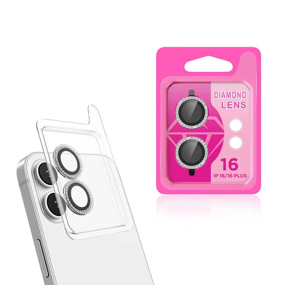 Apple iPhone 16 Plus Kamera Lens Koruyucu Renkli Taşlı Tasarım Kolay Takma Aparatlı (CL-06) Gümüş