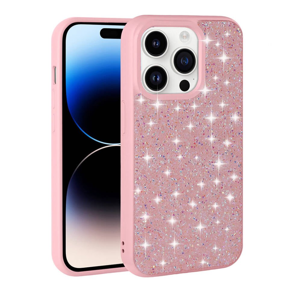 Apple  iPhone 14 Pro Kılıf Parlak Taşlı Tasarım Kamera Kısmı Yükseltili Korumalı Kapak (Pırlanta) Pembe