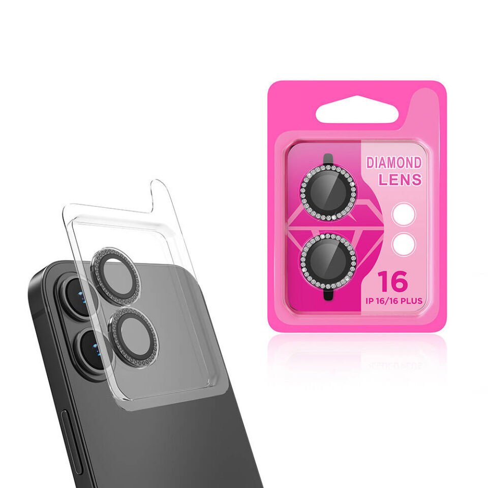 Apple iPhone 16 Plus Kamera Lens Koruyucu Renkli Taşlı Tasarım Kolay Takma Aparatlı (CL-06) Siyah