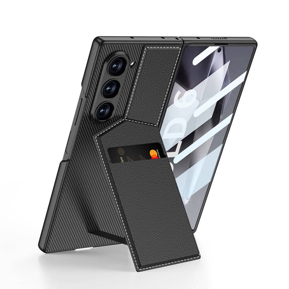 Samsung Galaxy Z Fold 6 Kılıf Karbon Fiber Deri Kartlıklı Kıpta Dik Açılan Kartlıklı Kapak Siyah