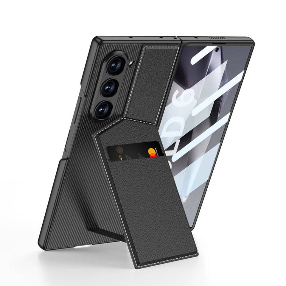 Samsung Galaxy Z Fold 6 Kılıf Karbon Fiber Deri Kartlıklı Kıpta Dik Açılan Kartlıklı Kapak Siyah