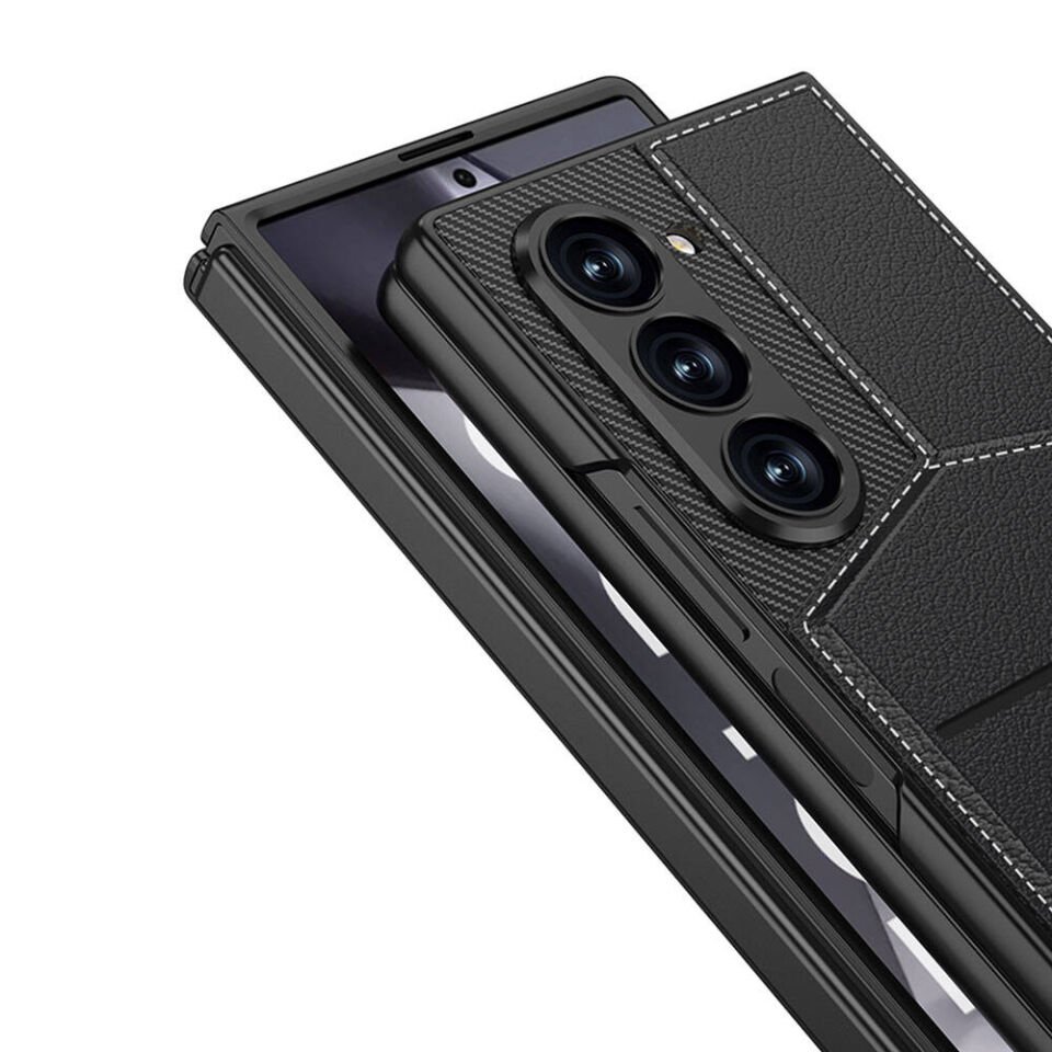 Samsung Galaxy Z Fold 6 Kılıf Karbon Fiber Deri Kartlıklı Kıpta Dik Açılan Kartlıklı Kapak Siyah