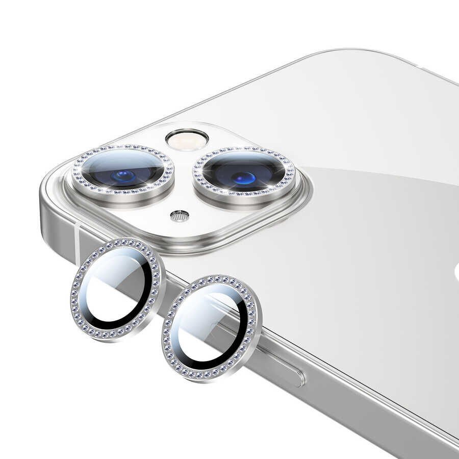 Apple iPhone 13 Kamera Lens Koruyucu Renkli Taşlı Tasarım Kolay Takma Aparatlı (CL-06) Gümüş