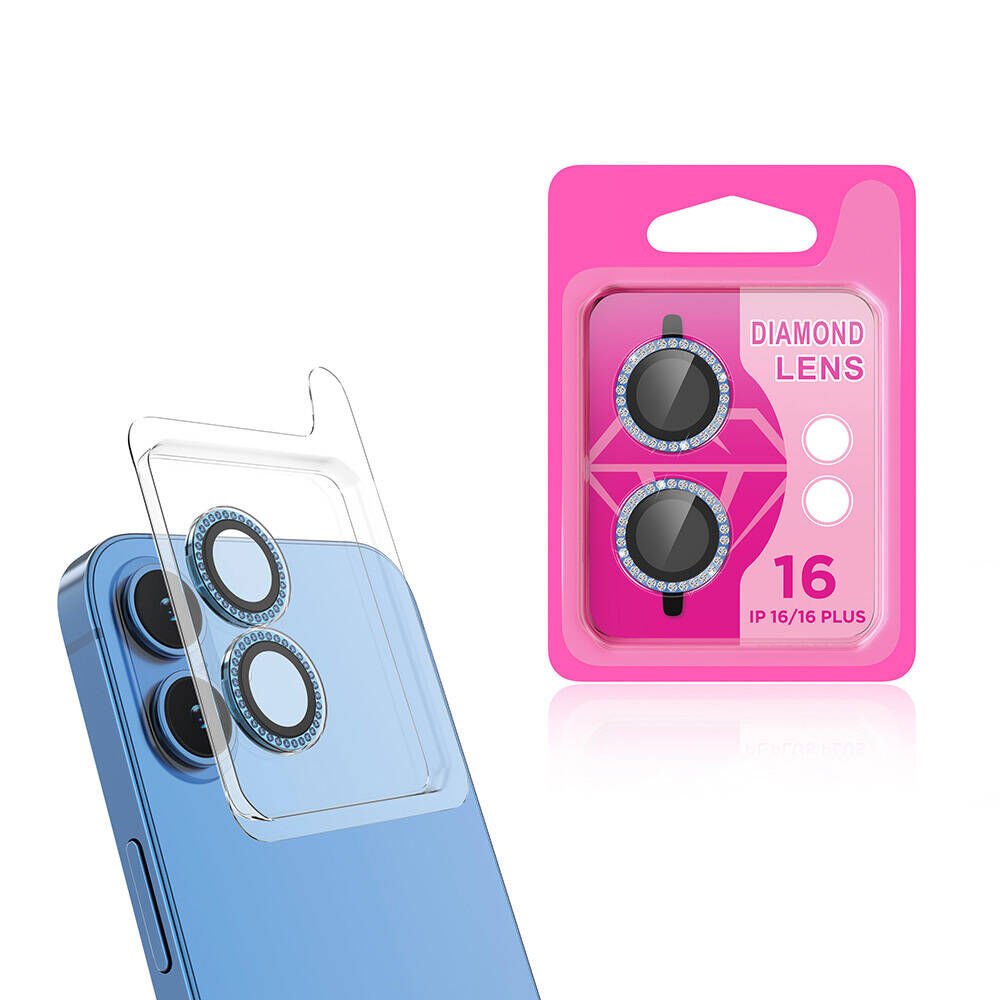 Apple iPhone 16 Plus Kamera Lens Koruyucu Renkli Taşlı Tasarım Kolay Takma Aparatlı (CL-06) Mavi Açık