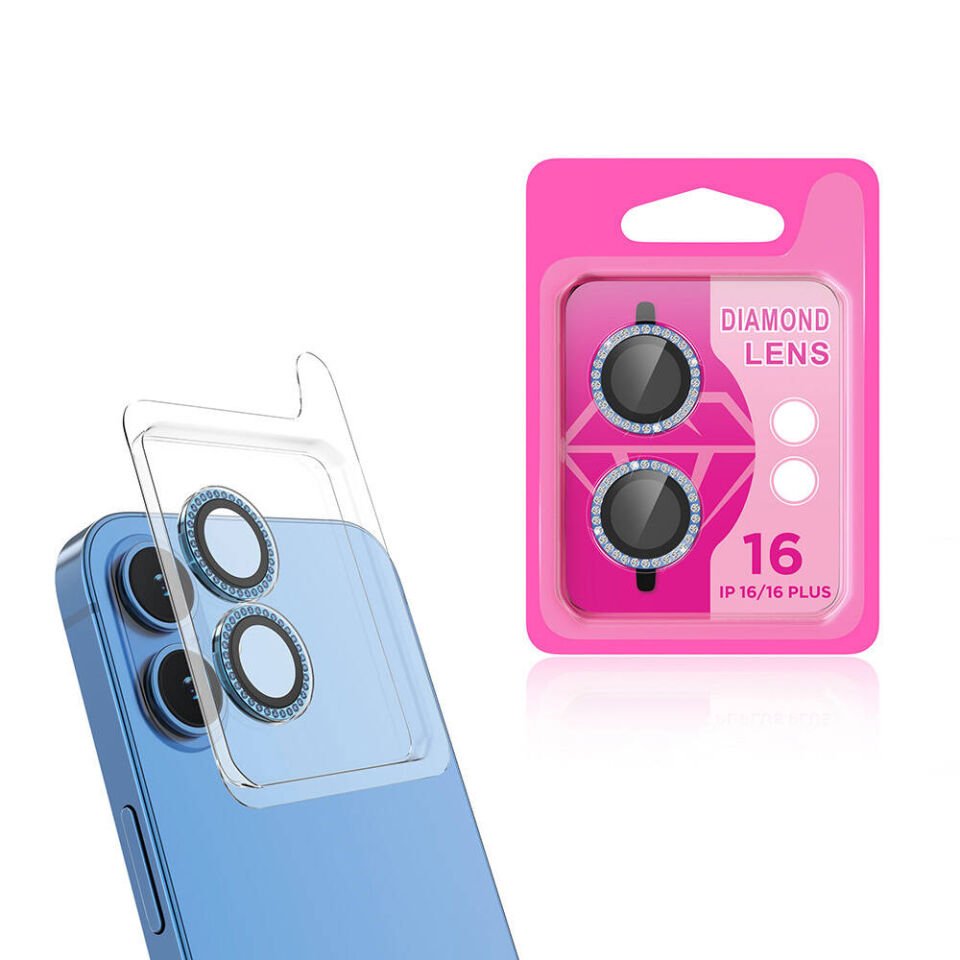 Apple iPhone 16 Plus Kamera Lens Koruyucu Renkli Taşlı Tasarım Kolay Takma Aparatlı (CL-06) Mavi Açık