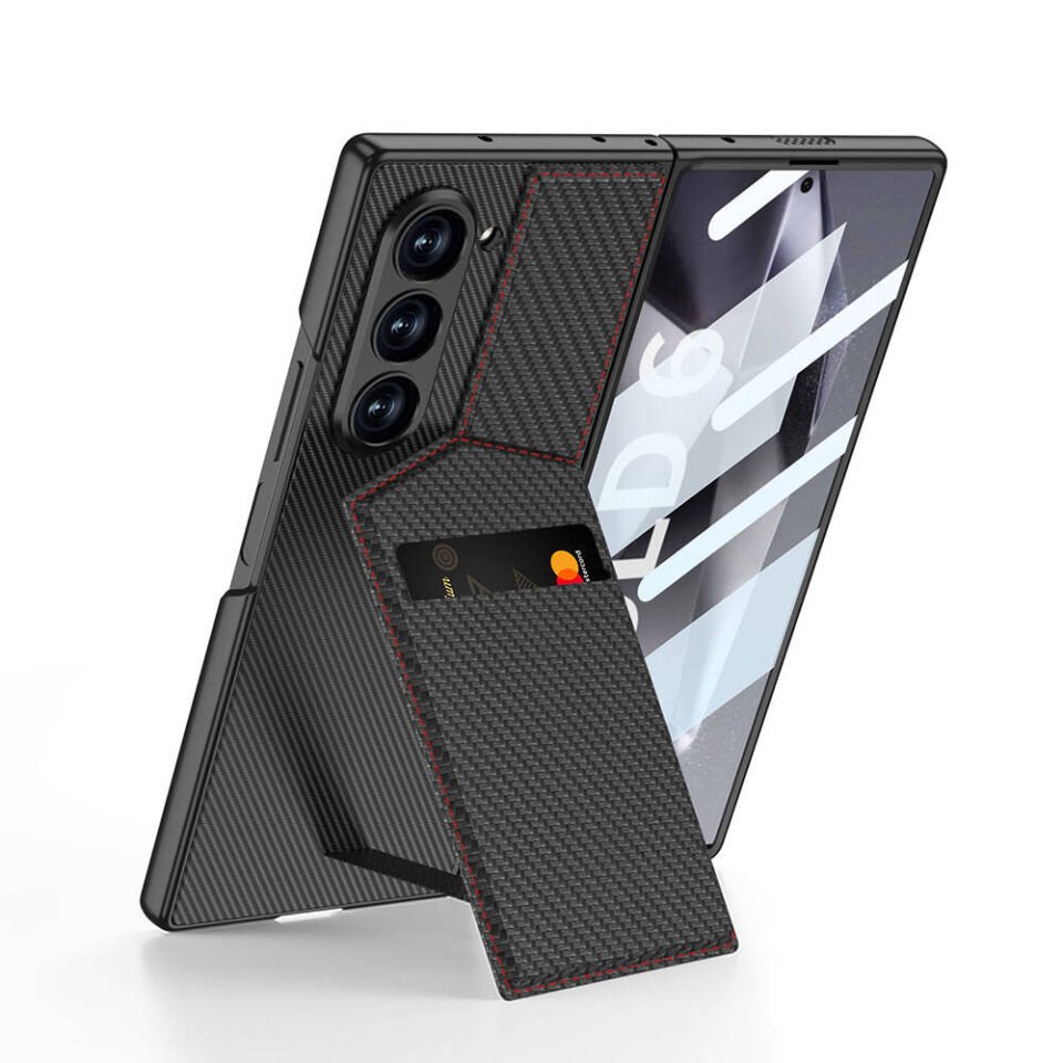 Samsung Galaxy Z Fold 6 Kılıf Karbon Fiber Kartlıklı  Kıpta Dik Açılan Kartlıklı Kapak Siyah