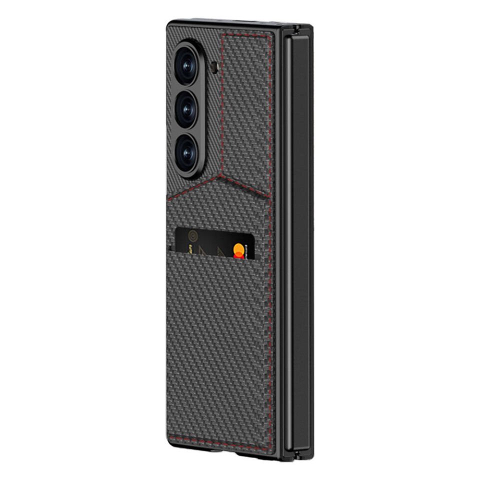 Samsung Galaxy Z Fold 6 Kılıf Karbon Fiber Kartlıklı  Kıpta Dik Açılan Kartlıklı Kapak Siyah