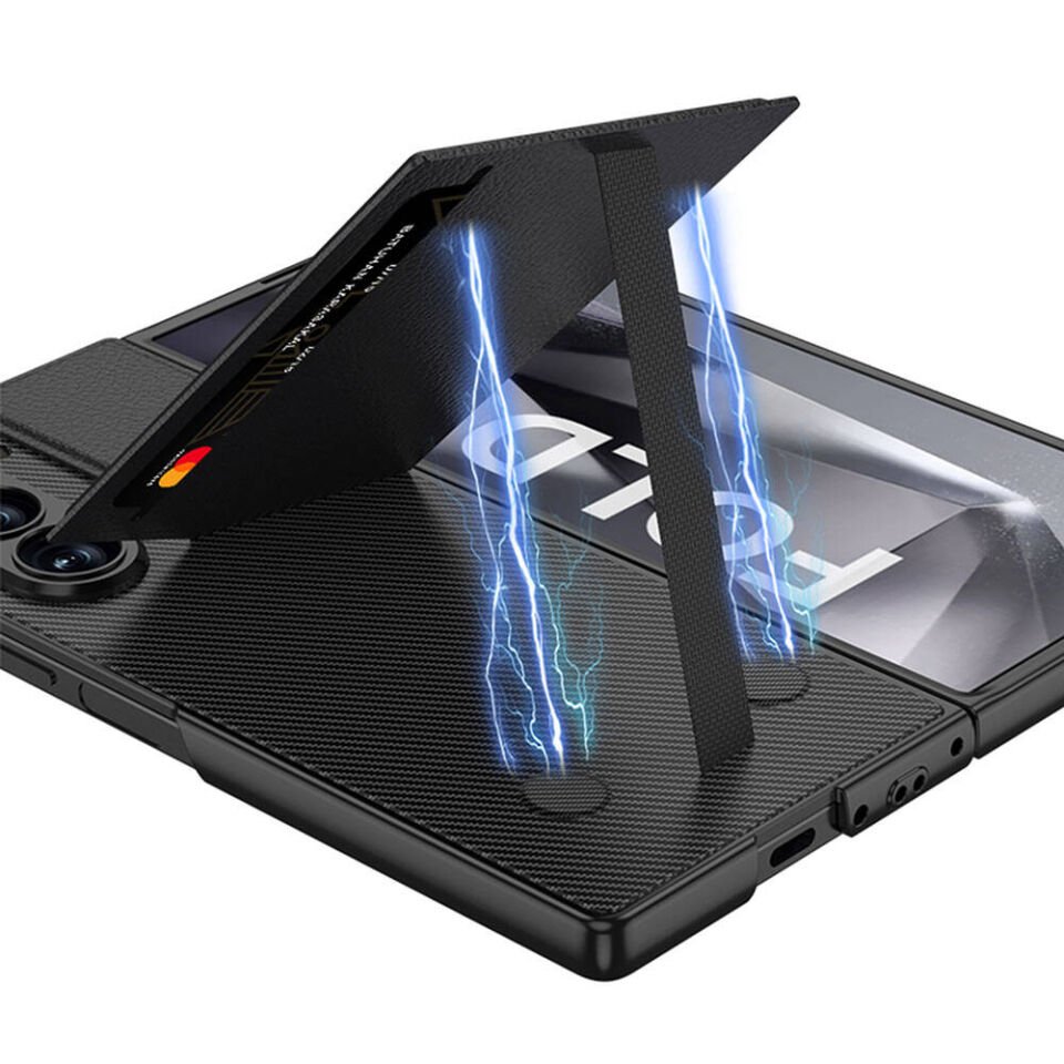 Samsung Galaxy Z Fold 6 Kılıf Karbon Fiber Kartlıklı  Kıpta Dik Açılan Kartlıklı Kapak Siyah