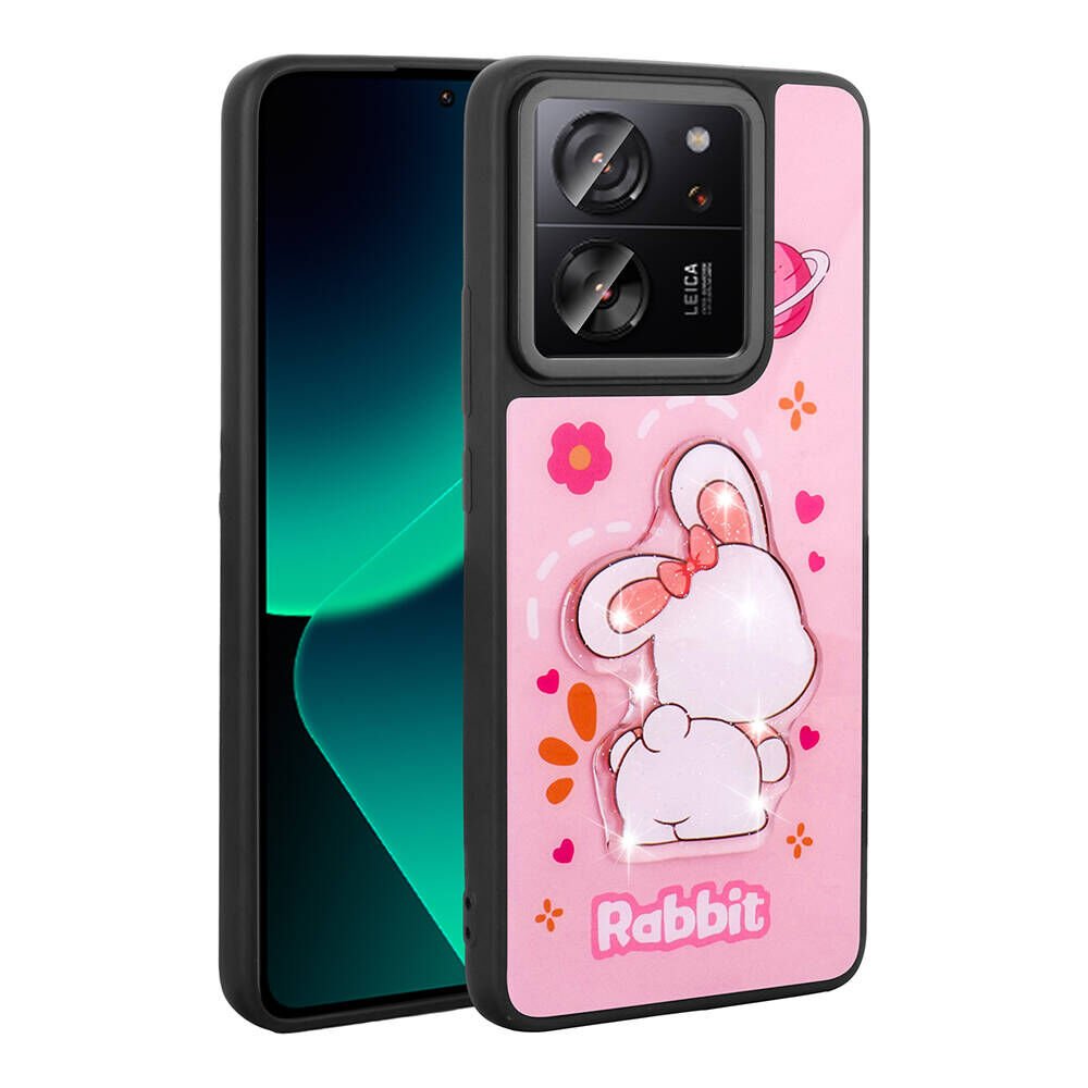 Xiaomi Mi 13T Kılıf Parlayan Kabartmalı İkonik Figürlü Silikon Kapak (Amas) Pembe