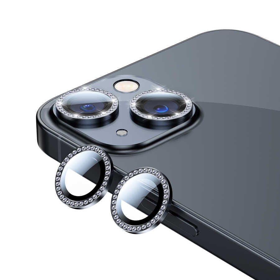 Apple iPhone 13 Mini Kamera Lens Koruyucu Renkli Taşlı Tasarım Kolay Takma Aparatlı (CL-06) Siyah