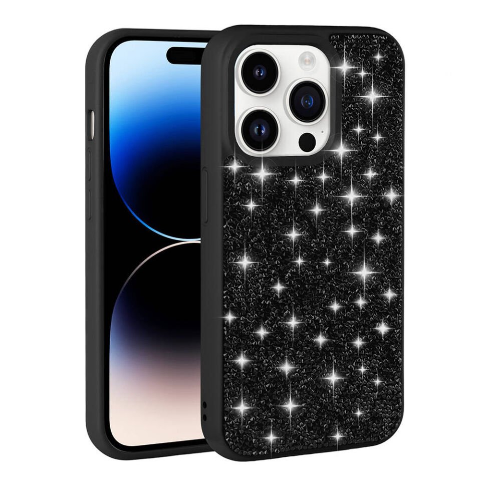 Apple  iPhone 14 Pro Max Kılıf Parlak Taşlı Tasarım Kamera Yükseltili Korumalı Kapak (Pırlanta) Gri